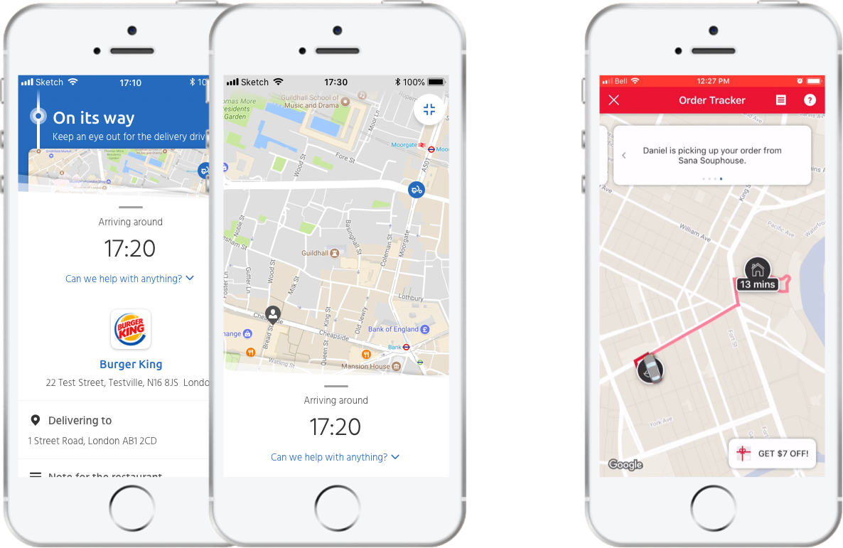 [LEFT] The existing map interface (showing the current driver location, updated at intervals, not live), and [RIGHT] the live tracking as seen in the SkipTheDishes app.
