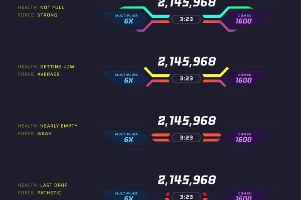 Spec sheet for the in-game HUD showing the different stages and states